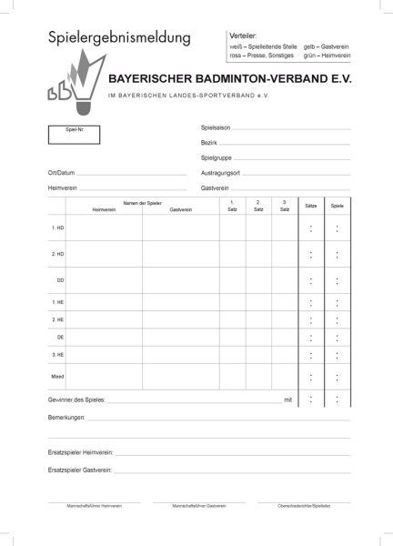 BADMINTON-SPIELBERICHTSBLOCK BBV-Original